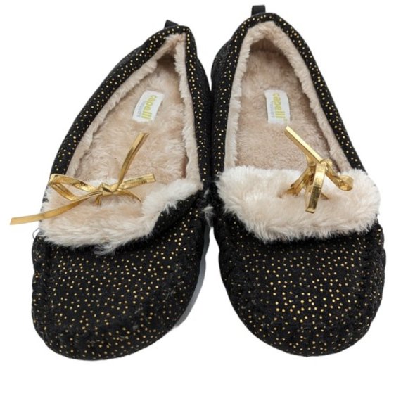 Women's Capelli of New York Fuzzy Polka Dot Pull-On Slippers Gold Tie Sz 8/9 - Picture 5 of 7